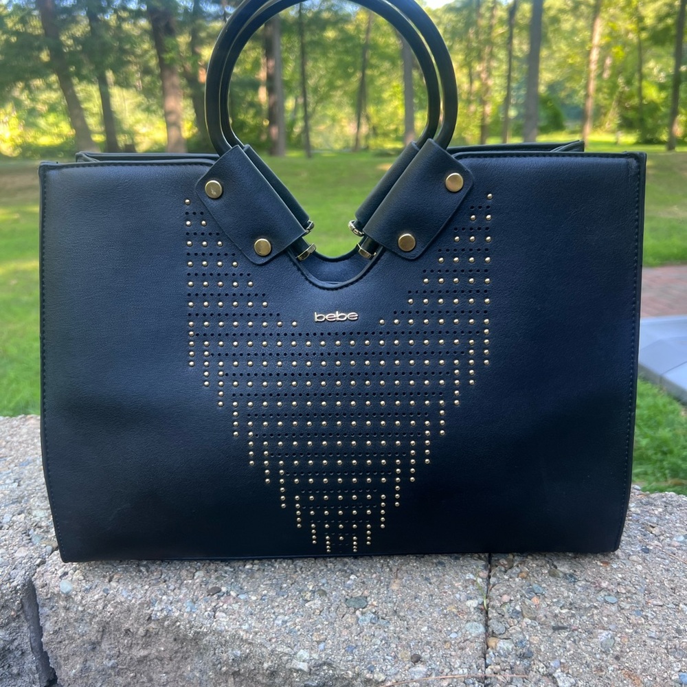 Bebe Black Tote Bag Purse with Gold Heart Accents